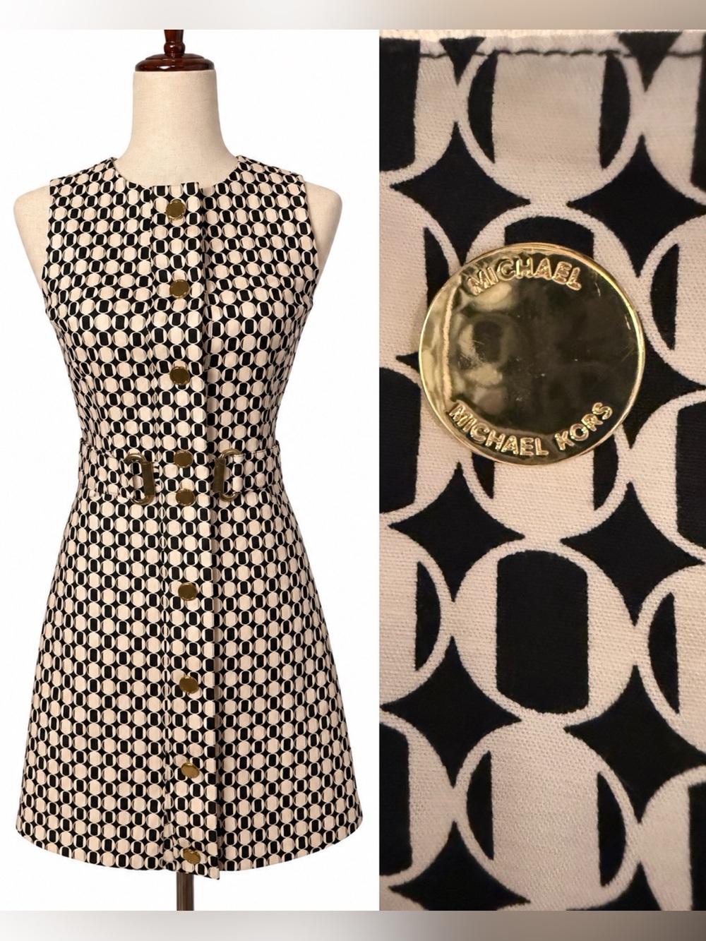 Michael Michael Kors black & white print fit n' flare gold snaps and belt- 0